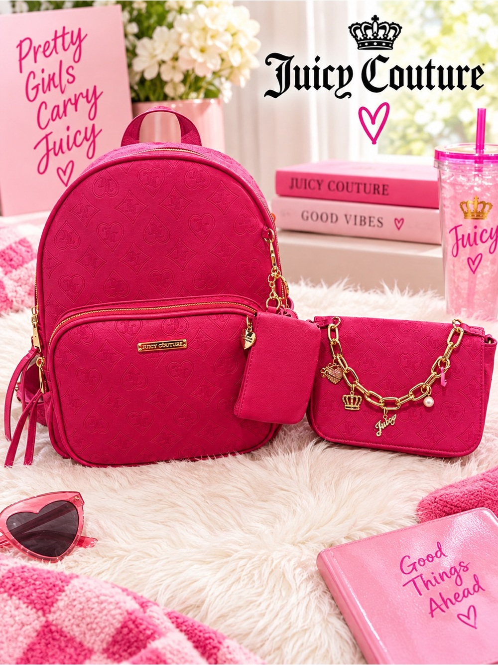 Juicy Couture 3-Piece Set Backpack Crossbody Card Case Raspberry Tart Goldtone